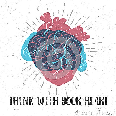 Romantic poster with human heart, brain, and lettering. Vector Illustration