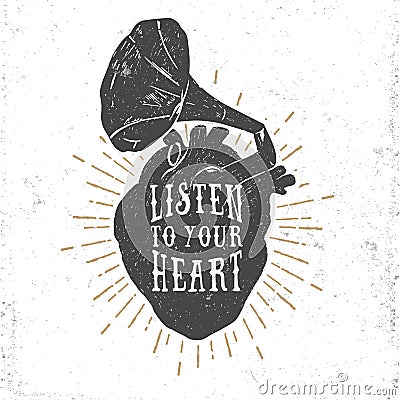 Romantic poster with human heart and gramophone horn. Vector Illustration