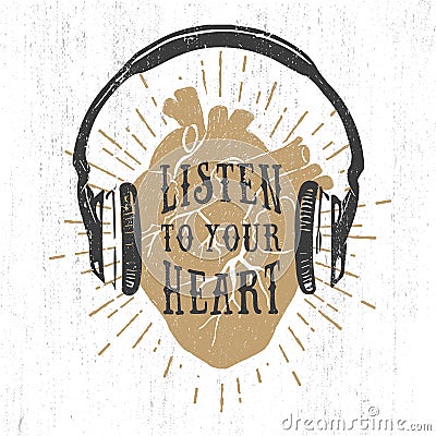 Romantic poster with human heart, headphones, and lettering. Vector Illustration