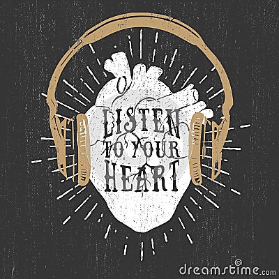 Romantic poster with human heart, headphones, and lettering. Vector Illustration