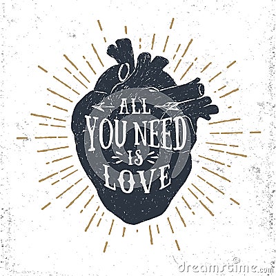 Romantic poster with human heart and inspiring lettering. Vector Illustration