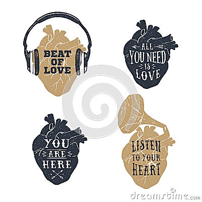 Romantic posters with human heart, headphones, gramophone horn vector illustration. Vector Illustration