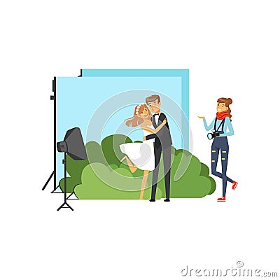 Romantic pre wedding photo shoot in studio with colorful decorations. Lovers couple. Young girl photographer with camera Vector Illustration