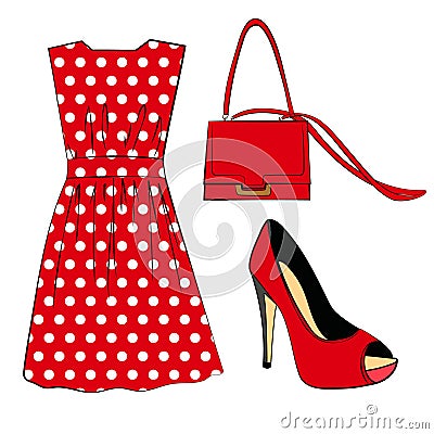 Romantic red polka dots dress, shoe and handbag on white Vector Illustration