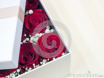 Romantic red roses, close up of box with red roses. Stock Photo