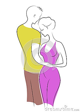 Romantic relationship of a couple in love. A young man is hugging a sweet lady. The girl and the guy are happy. Vector Cartoon Illustration