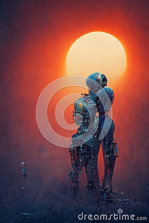Romantic robots in the desert, digital painting, concept illustration Cartoon Illustration