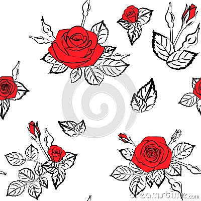 Romantic roses seamless pattern with leafs buds and blossom on wallpaper background, repeatable no sew gap illustration Vector Illustration
