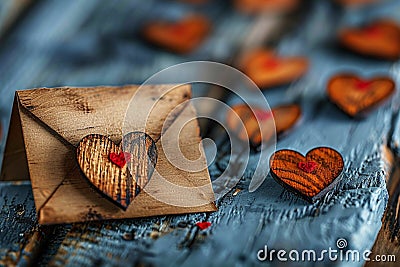 Romantic rusticity Wooden hearts surround a rustic Valentine envelope Stock Photo