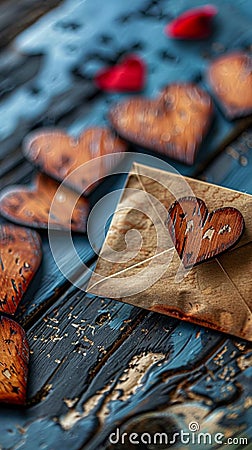 Romantic rusticity Wooden hearts surround a rustic Valentine envelope Stock Photo