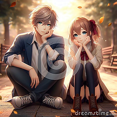 A romantic scene of a handsome anime man and a cute anime girl in a park, tree, cute pose, digital anime art, nature view, fantasy Stock Photo