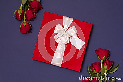 Valentines day background, romantic seamless blue background,red rose bouquet,ribbon,gift tag,gift Stock Photo