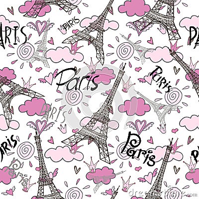 Romantic seamless eiffel tower Paris background Vector Illustration