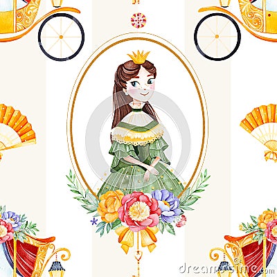 Romantic seamless fairy tale texture with bouquets,carriage, flower,princess,hand fan,gemstone Stock Photo