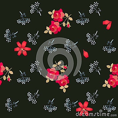 Romantic seamless floral pattern with stylized umbrella flowers, red roses and lilies isolated on black background in vector. Vector Illustration