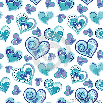 Romantic seamless pattern with colorful hand draw hearts. Blue hearts on white background. Vector illustration Vector Illustration