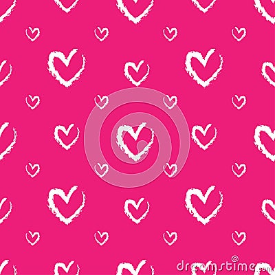 Romantic seamless pattern with cute chalk images of hearts on a pink background Vector Illustration