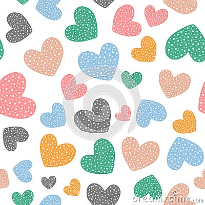 Romantic seamless pattern with cute colored hearts. Drawn by hand. Vector Illustration