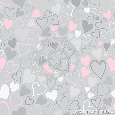 Romantic seamless pattern with cute images of hearts on a gray background. The style of children`s drawing. Vector Illustration