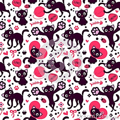 Romantic seamless pattern with cute playful kittens Vector Illustration