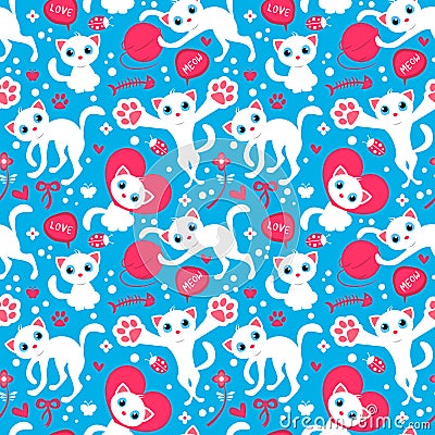 Romantic seamless pattern with cute playful kittens Vector Illustration