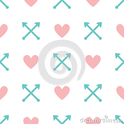 Romantic seamless pattern with hearts and arrows. Cute pastel print. Vector Illustration