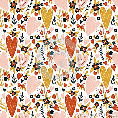 Romantic seamless pattern with hearts and flowers. Scandinavian style. Vector valentine design wrap paper. Vector Illustration