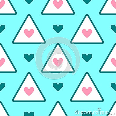 Romantic seamless pattern with hearts and triangles. Cute girly print. Vector Illustration