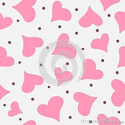 Romantic seamless pattern with randomly scattered hearts and dots. Vector Illustration