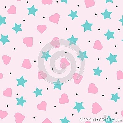 Romantic seamless pattern with scattered hearts, stars and round spots. Cute endless print. Flat vector illustration. Vector Illustration