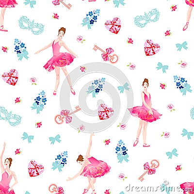 Romantic seamless vector pattern with ballerinas, keys, bows, pink diamond hearts, flowers. Vector Illustration