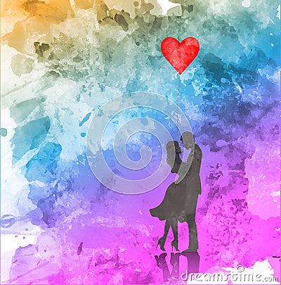Romantic silhouette of loving couple. Valentines Day 14 February. Happy Lovers. Vector illustration, watercolor style Vector Illustration
