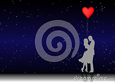 Romantic silhouette of loving couple. Valentines Day 14 February. Happy Lovers. Vector illustration isolated or starry universe Vector Illustration