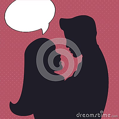 Romantic silhouette with man and woman in comics style. Stock Photo