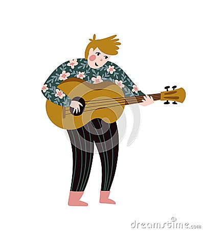 Romantic singer with guitar. Vector illustration for music festival. Bright poster design. Folk and ethnic musician. Vector Illustration