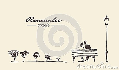 Romantic sketch loving couple bench drawn sketch Vector Illustration