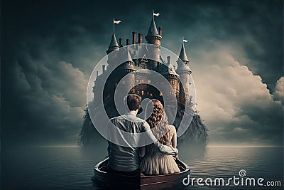 Romantic Stay in a Floating Castle (Generative AI) Stock Photo