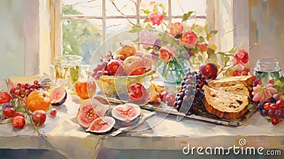 Romantic Still Life Painting Of Fruit By A Window Stock Photo