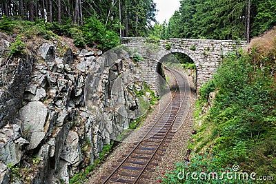 Romantic stone bridge over railway in beautiful forest, Czech republic Stock Photo