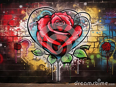 Romantic Street Art Red Rose and Heart Graffiti on Wall Stock Photo