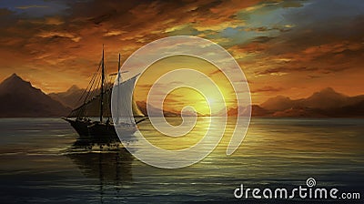 Romantic sunset with a sailboat silhouette on the water generated by A Stock Photo