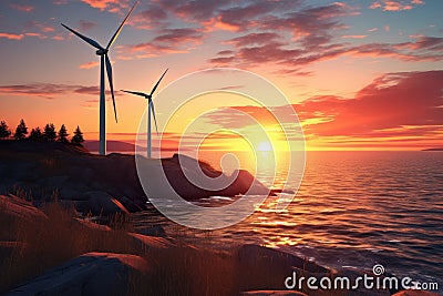 Romantic Sunset with Wind Turbine Demonstrating the Beauty of Green Energy Stock Photo