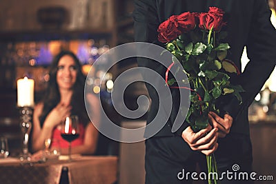 Romantic surprise in the restaurant Stock Photo