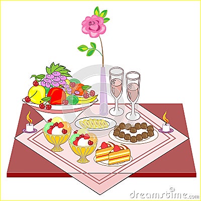 Romantic table set for two lovers. Delicious wine, sweets, sweets, fruits - all for a wonderful mood. Burning candles create a Cartoon Illustration