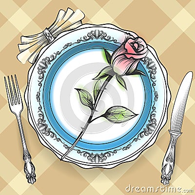 Romantic table setting with rose Vector Illustration