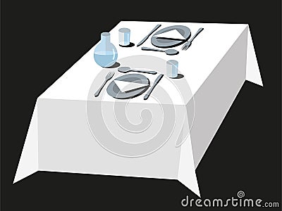 Romantic table setting for two people with plates, decanter and cutlery on white tablecloth - dinner date or Valentines day or wed Vector Illustration