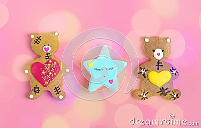 Romantic Teddy bear, gingerbread heart on trendy pink background. Happy Valentine`s Day, Mother`s Day, March 8, World Women`s Day Stock Photo