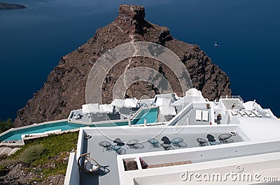 Romantic terrace amid Santorini caldera, Aegean sea Stock Photo