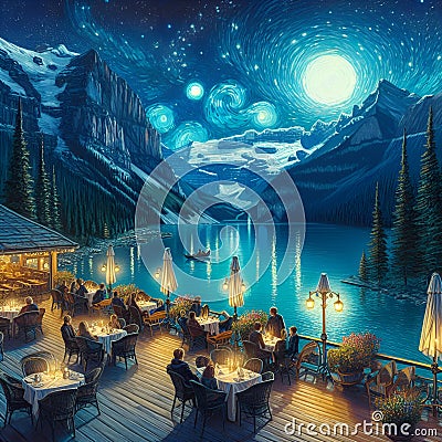 A romantic terrace cafe on a breathtaking lake, with blue mountain view, at a starry night of Van Gogh, moonlit Stock Photo