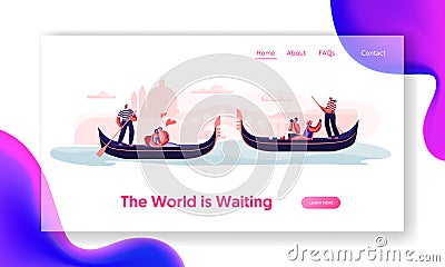 Romantic Tour in Italy. Love in Venice. Happy Loving Couples Floating on Gondolas with Gondoliers Hugging and Making Photo Vector Illustration